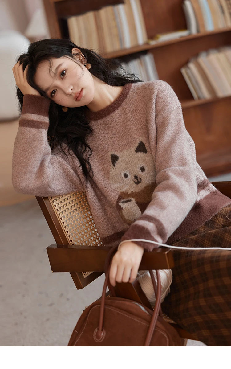 Mishow Faux Sable Cartoon O-Neck Loose Pullover MXD45Z0860