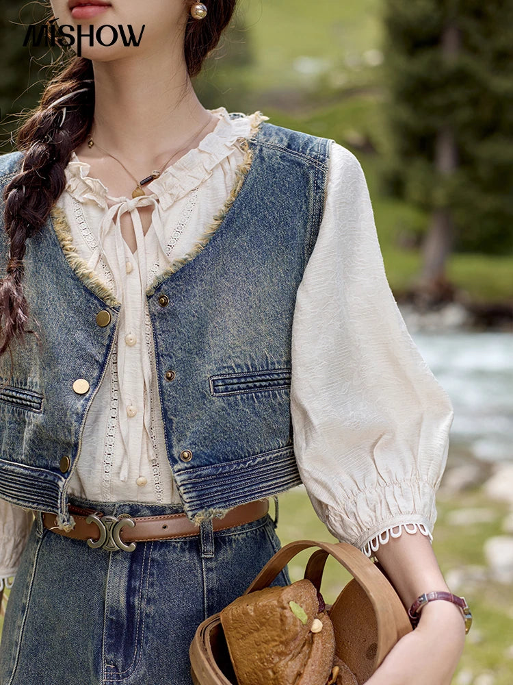 Mishow Retro Blue Denim Tassel Hem Vest MXD41W0387