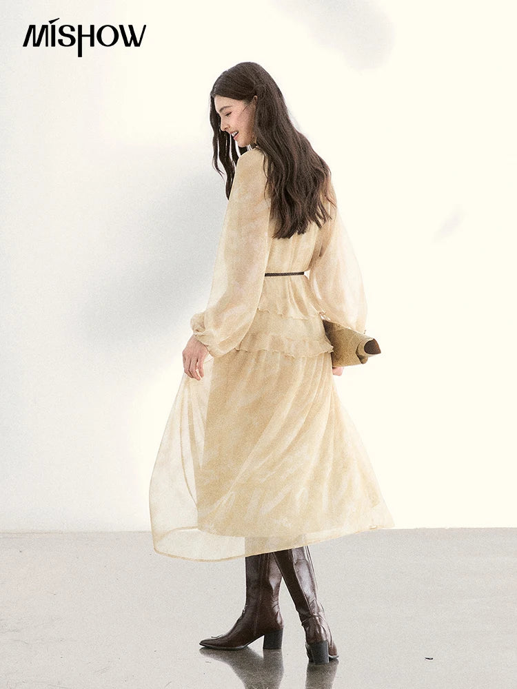 MISHOW Light Yellow Chiffon Maxi Dress V-Neck Ruffled Belted MXF11L2554