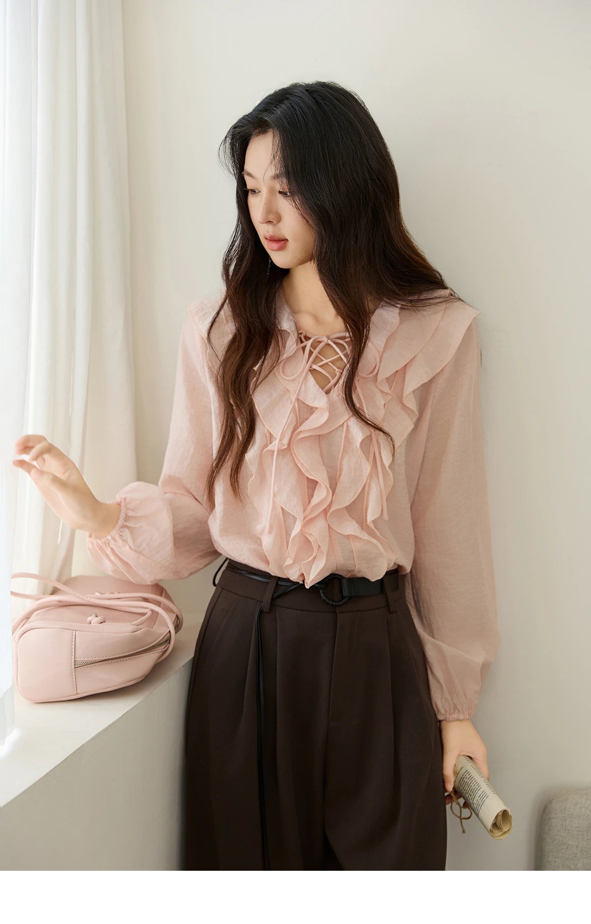 MISHOW Pink Ruffled Blouse V-Neck Lace Up Lantern Sleeve MXE49X2504
