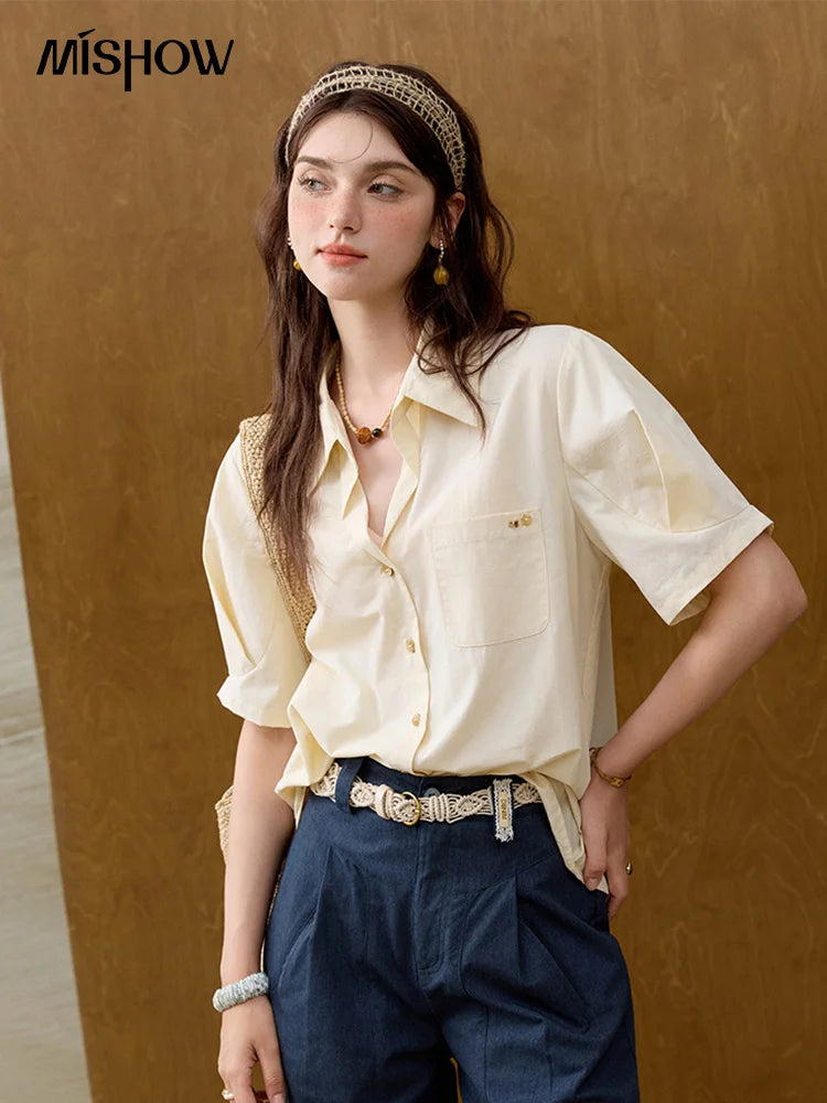 MISHOW French Turn-Down Collar Short Sleeve Solid Blouse MXE33C0778