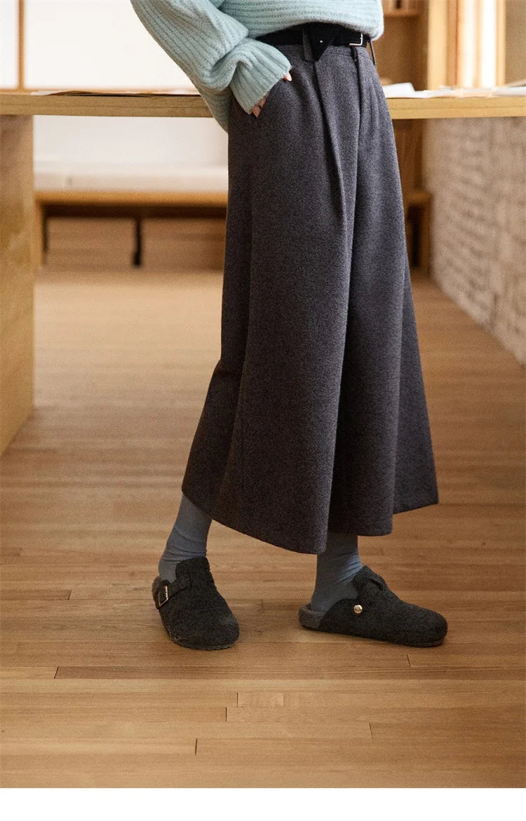 MISHOW Gray Wool Wide-Leg Pants High-Waisted Cropped MXE90K1128