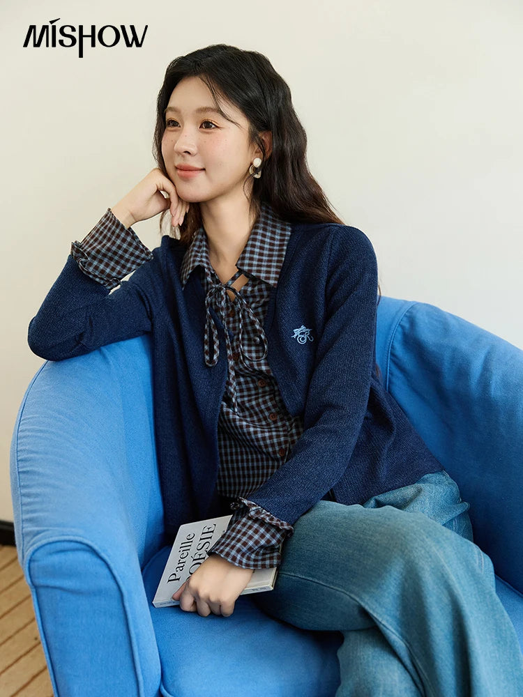 MISHOW Fake Two Knitted Sweater Plaid Splicing Flare Sleeve MXE45Z1401