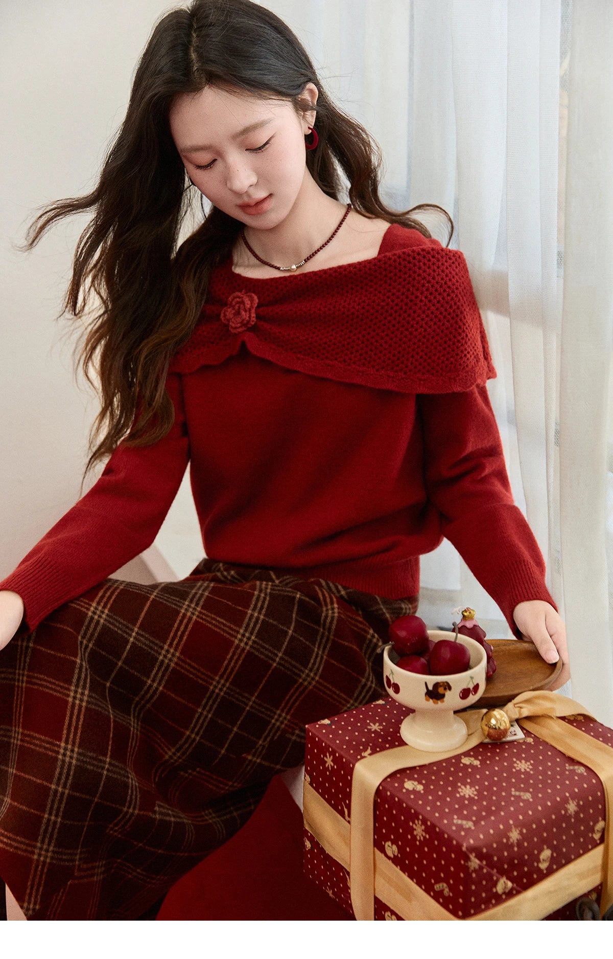 Mishow Christmas Red 3D Flower Alpaca Sweater MXE94Z2889