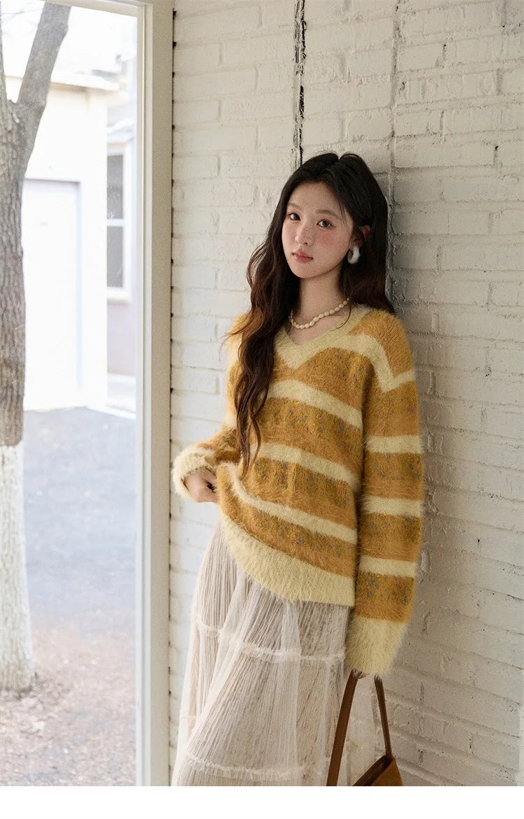 Mishow Retro Yellow Striped Faux Mink Jacquard Sweater MXE87Z2766
