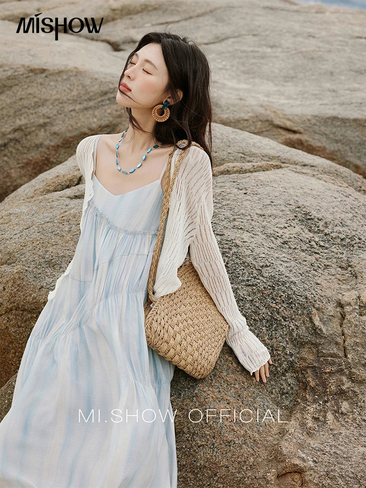 Mishow White V-Neck Slim Knit Summer Cardigan MXE16Z1193