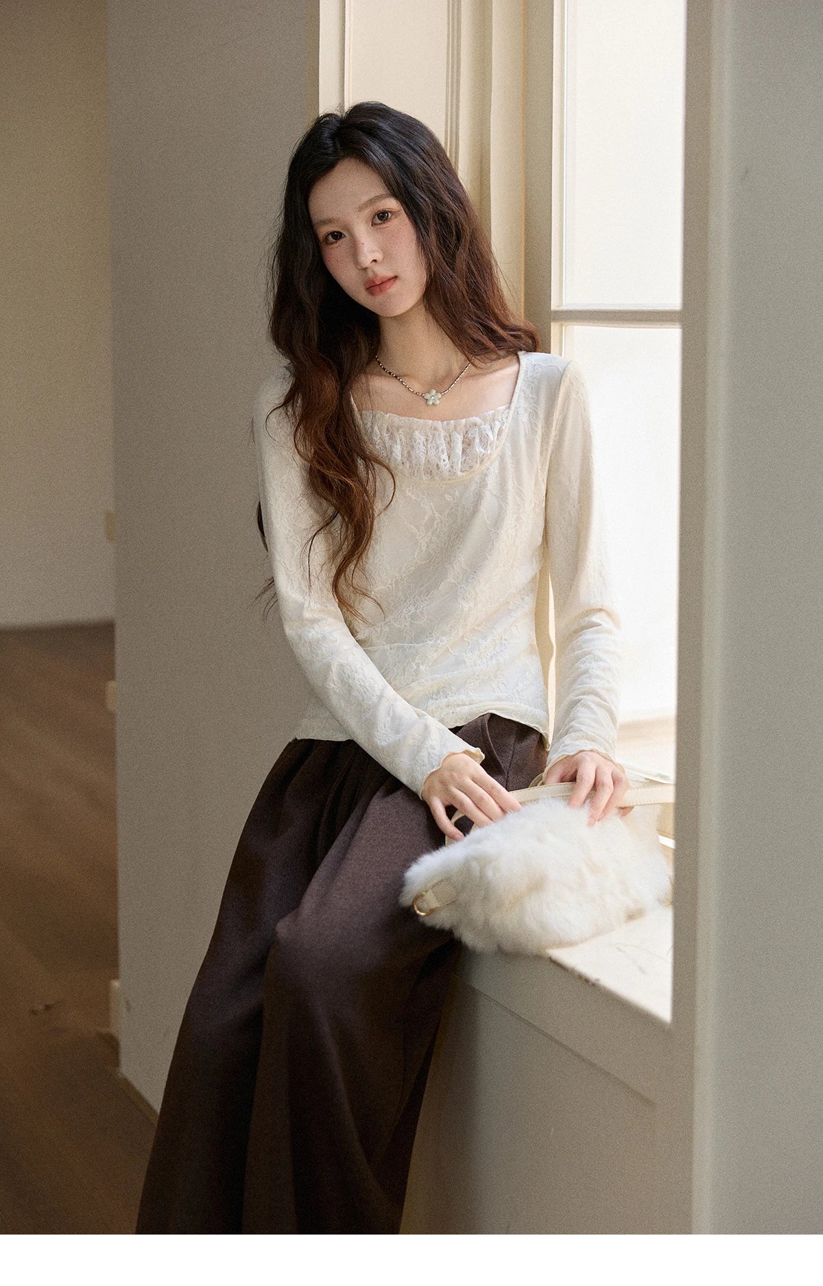 Mishow Beige Lace Patchwork Square Neck Top MXE91X2514