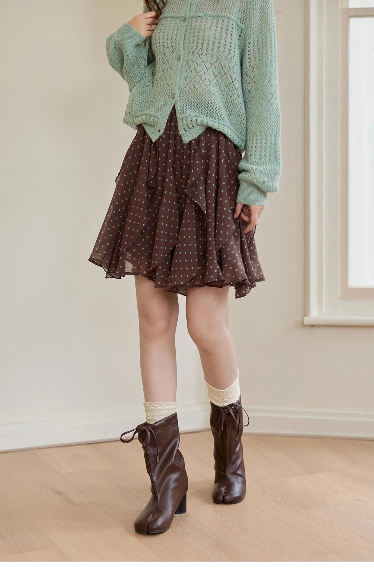 Mishow Brown Polka Dot Ruffled Chiffon Mini Skirt MXF13B2476