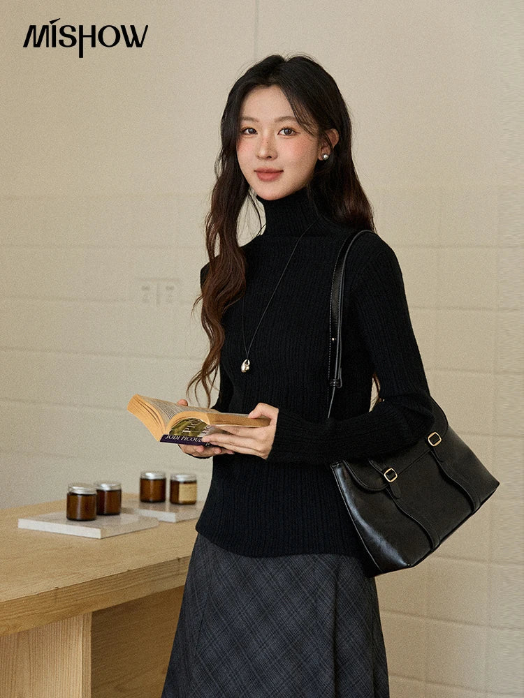 Mishow Solid Turtleneck Vertical Ribbed Slim Top MXE86Z2656