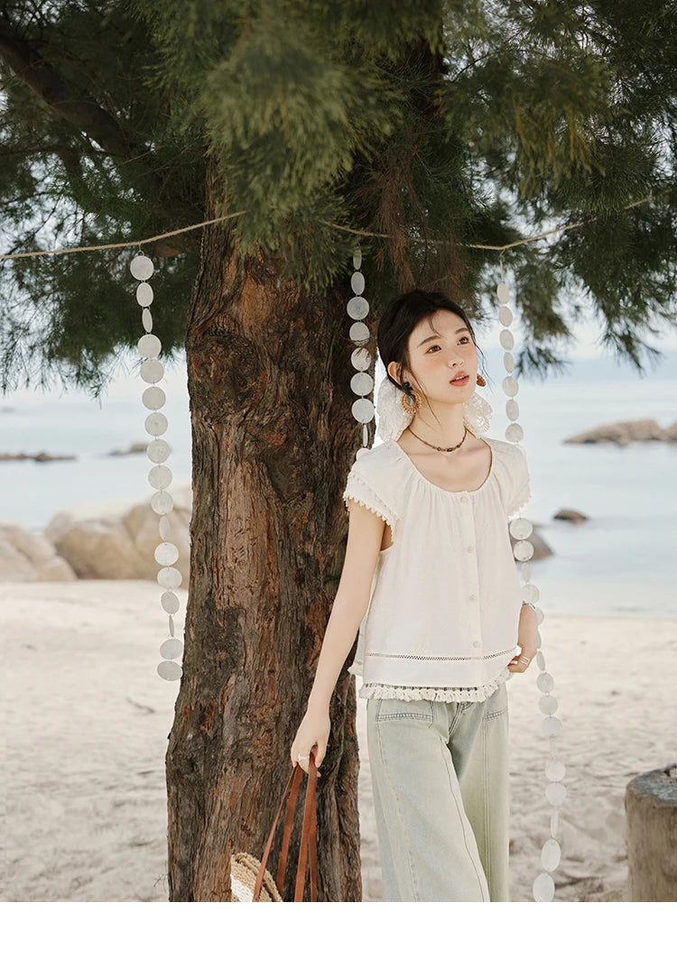 MISHOW Embroidered French Shirt Round Neck Short Sleeve MXE33X1744