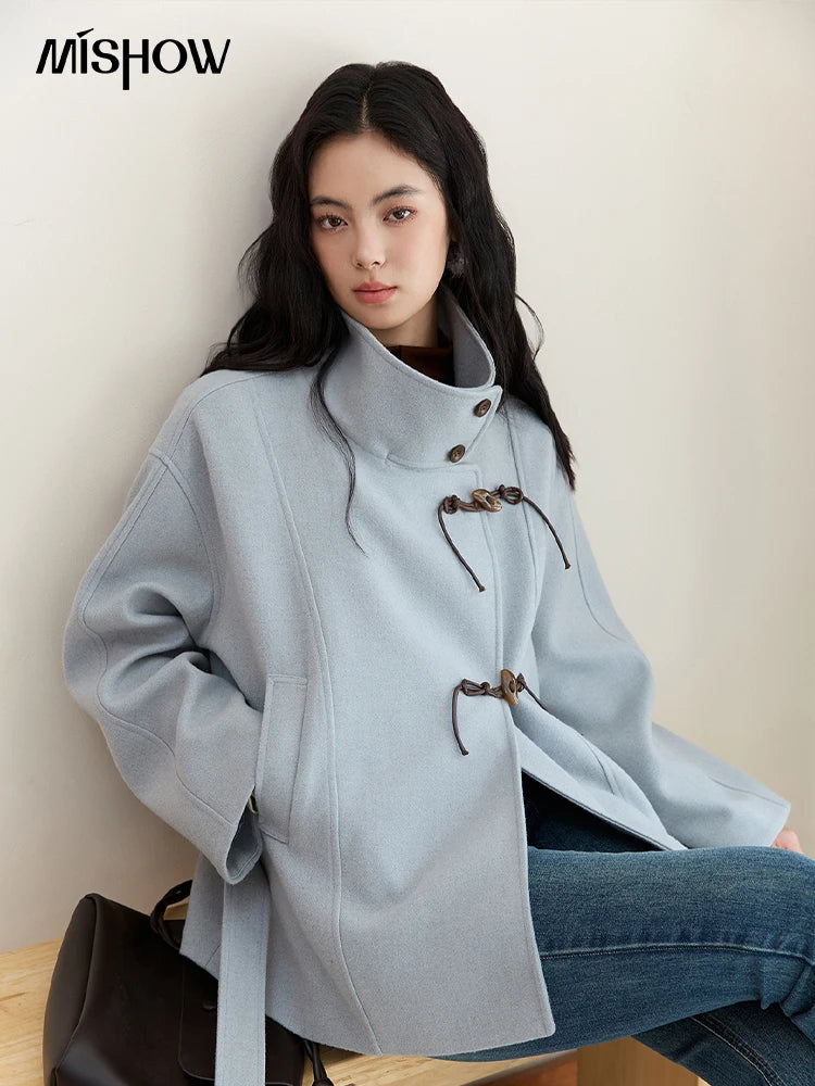 Mishow Blue Double-Breasted Lace Up Woolen Coat MXE51W0872
