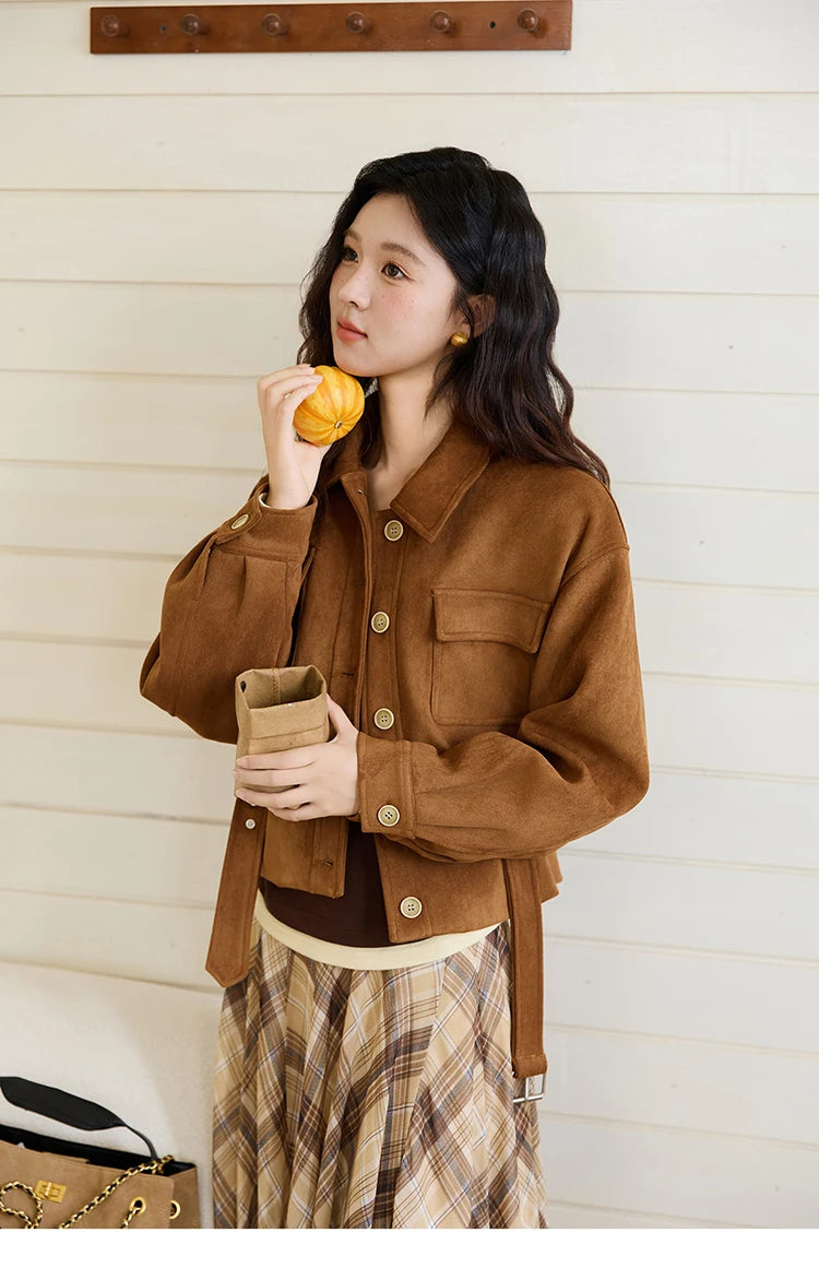 MISHOW Brown Lapel Jacket Metal Button Decorated Windproof MXE46W0864