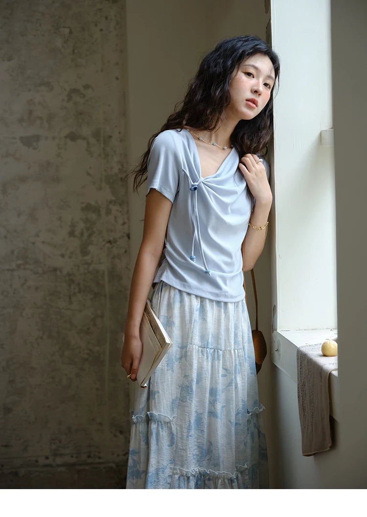 Mishow Lace-Up Print Top & Wide Leg Half Skirt Set MXE35T0596