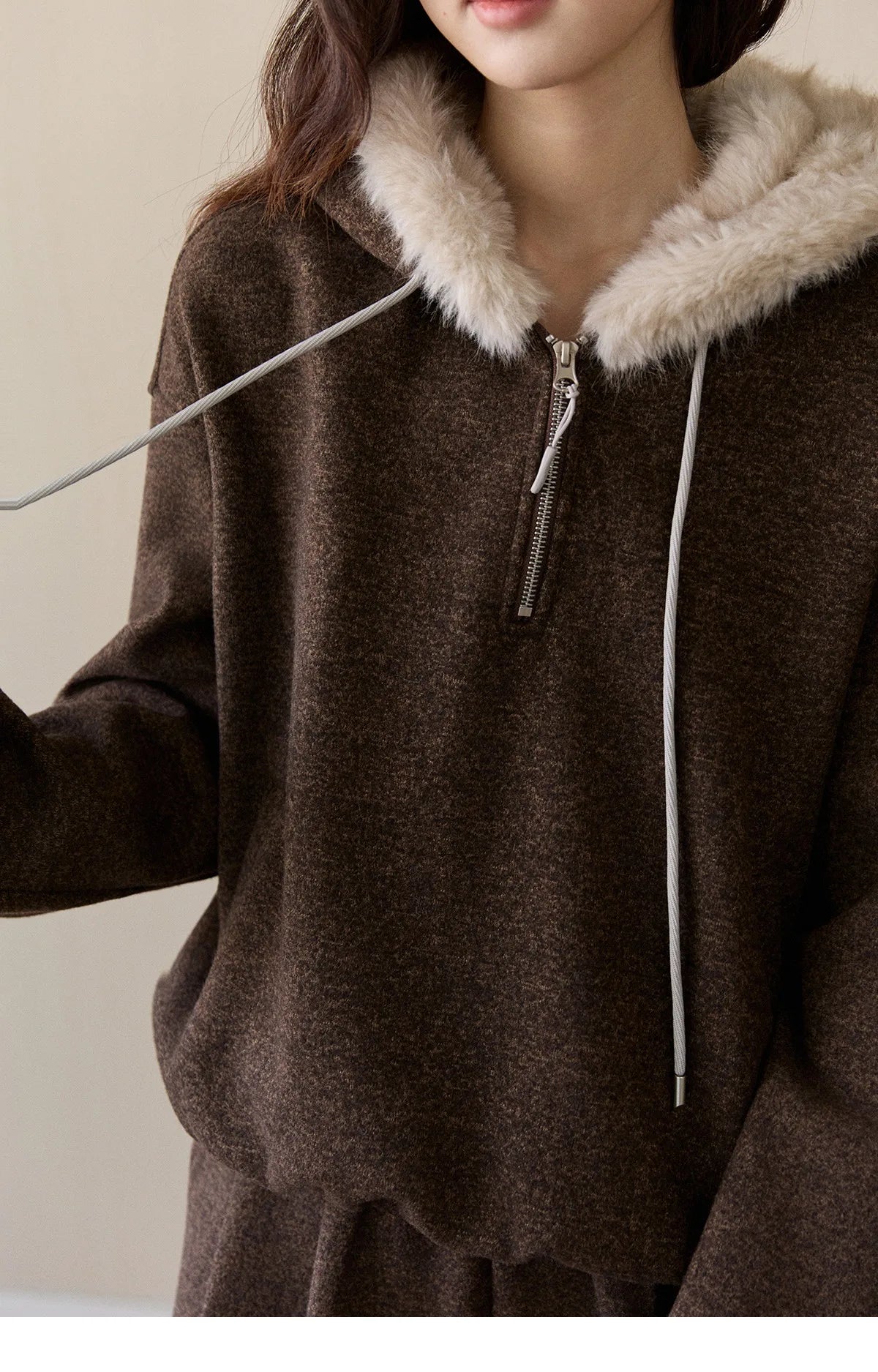 Mishow Brown Faux Fur Hood Sweatshirt & Wide Leg Pants Set MXE94T1476