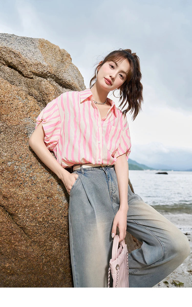 MISHOW Women's Striped Puff Sleeve Polo Neck Shirt MXC38C0072