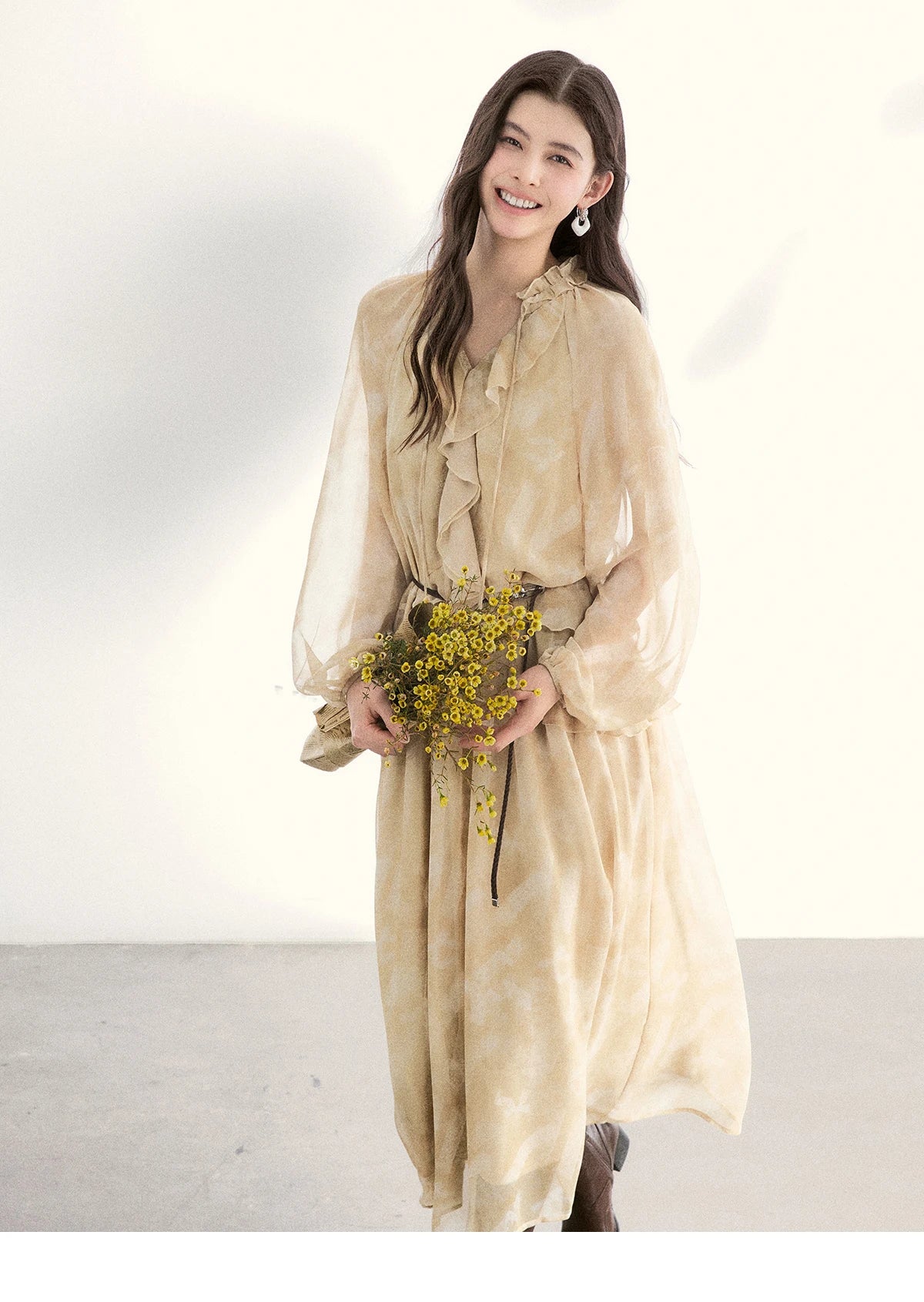 MISHOW Light Yellow Chiffon Maxi Dress V-Neck Ruffled Belted MXF11L2554