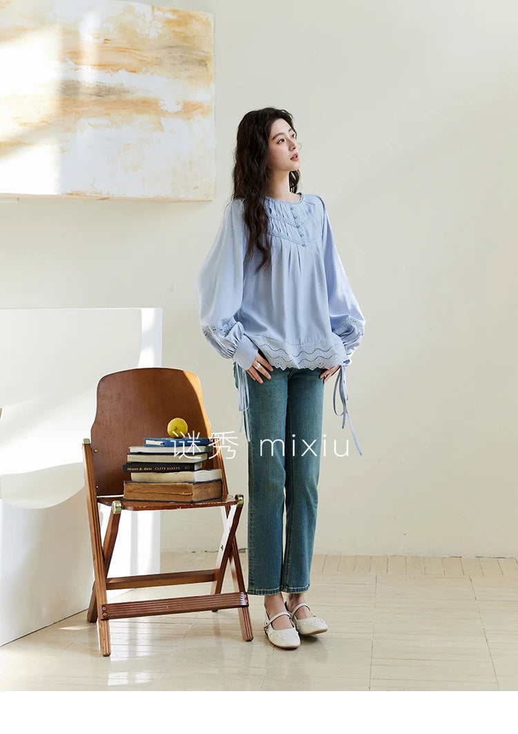 MISHOW Blue Lace Patchwork Shirt Wave Edge Lantern Sleeve MXE14X1716