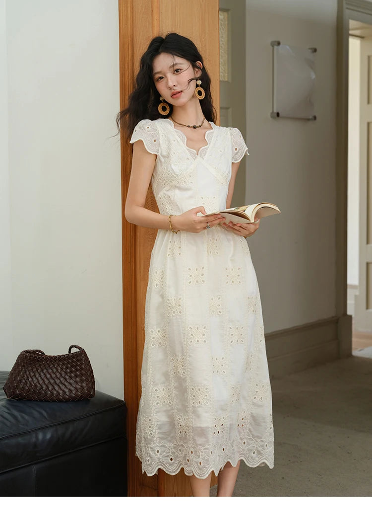 Mishow Flying Sleeve V-Neck Hollow Embroidered Dress MXE39L2404