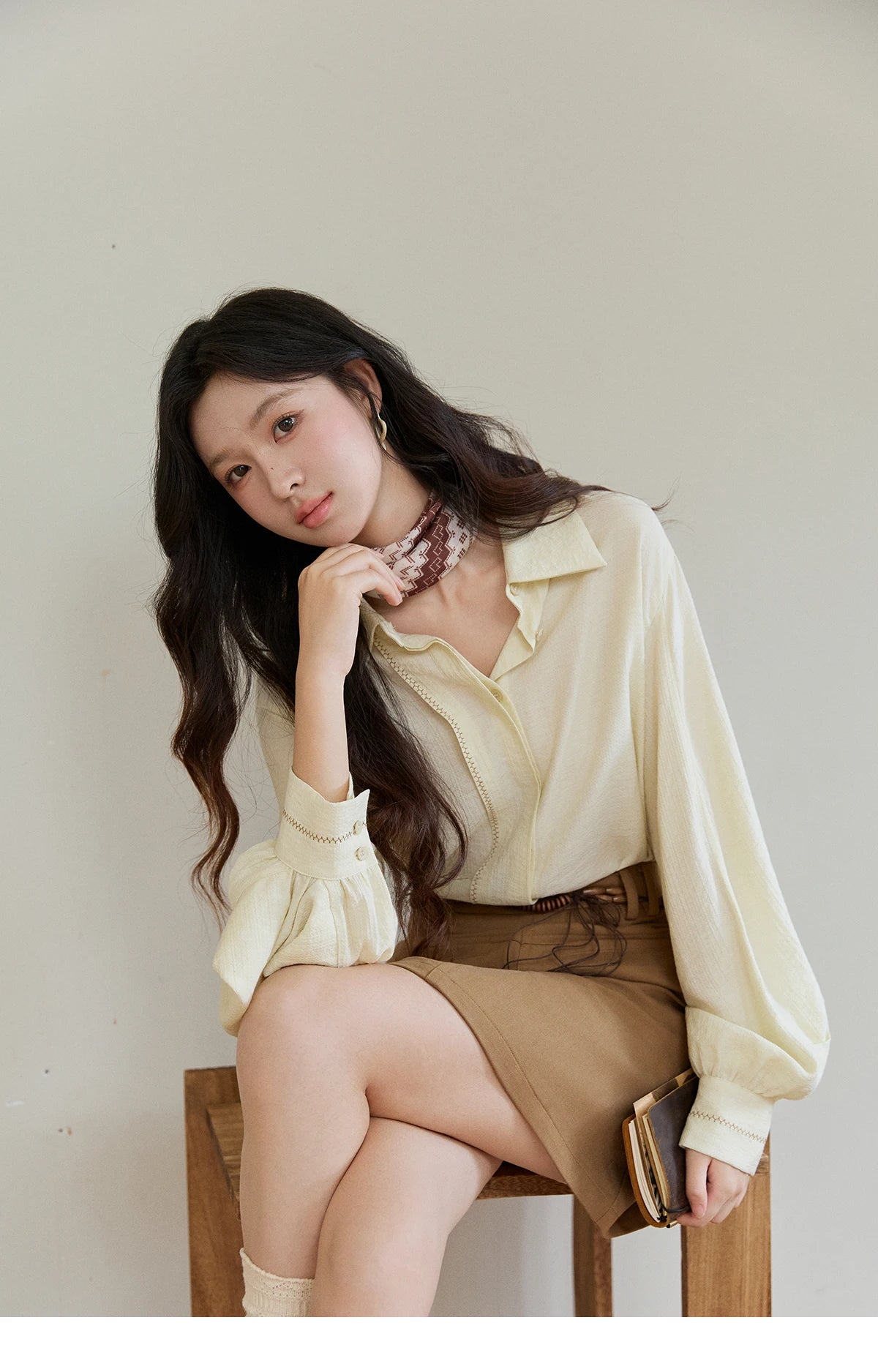 MISHOW Lapel Lantern Sleeve Shirt Lace Trim Loose MXF13C2436