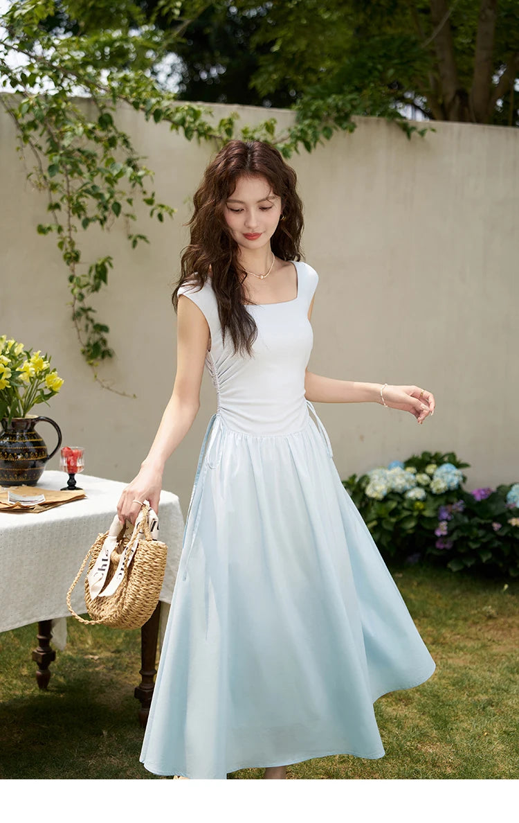 Mishow Square Neck Patchwork Side Drawstring Dress MXD23L1818