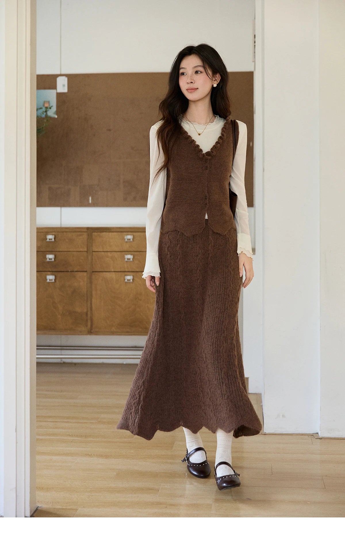 Mishow Brown Knitted Vest & Cable Knit Maxi Skirt Set MXF11T1460