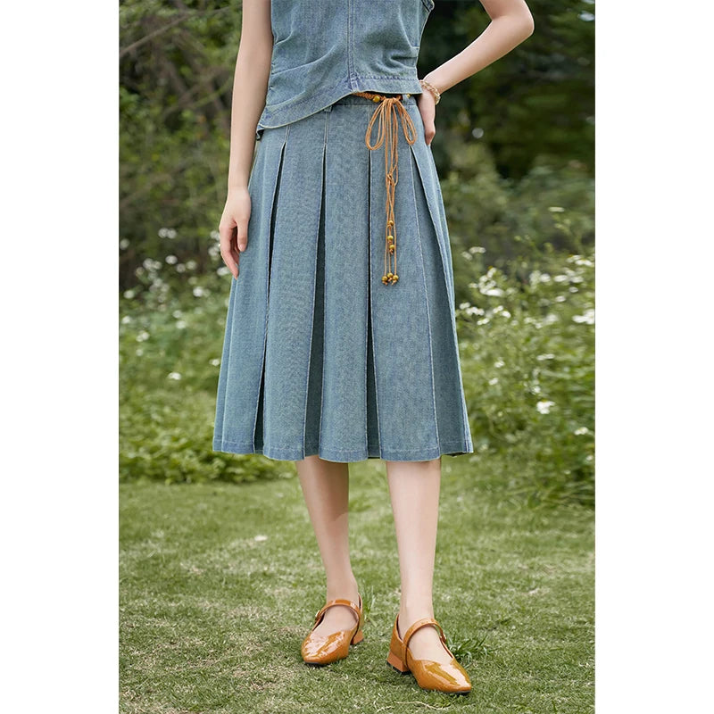 Mishow Chinese Stand Collar Vest & Pleated Denim Skirt Set MXD21X1465