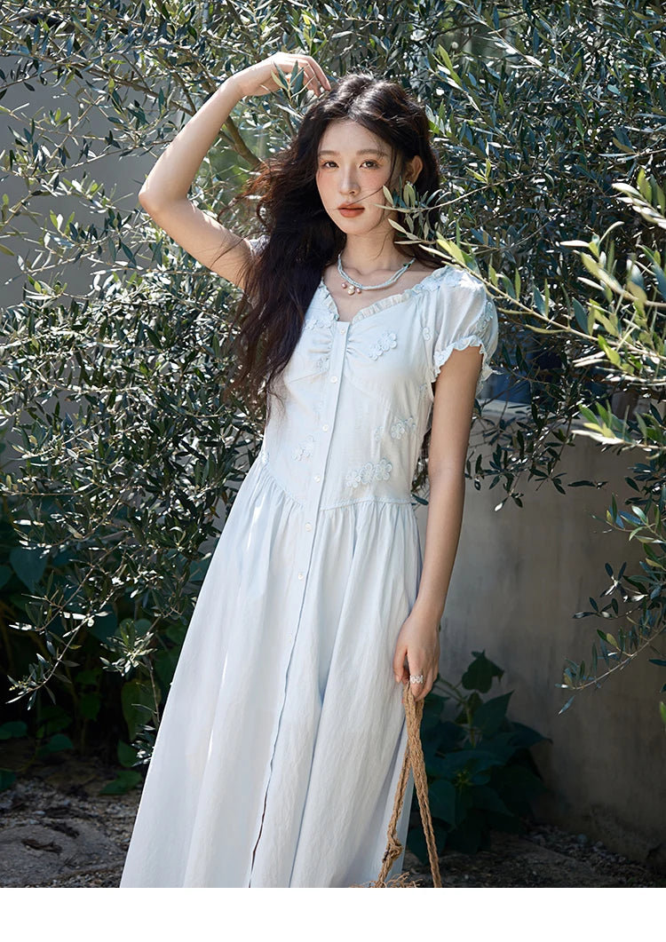 Mishow V-Neck Mushroom Edge Embroidery Button Dress MXE39L2407