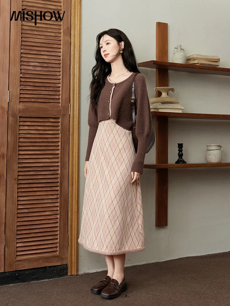 Mishow French Knitted Cardigan & Plaid Camisole Dress Set MXD43L2012