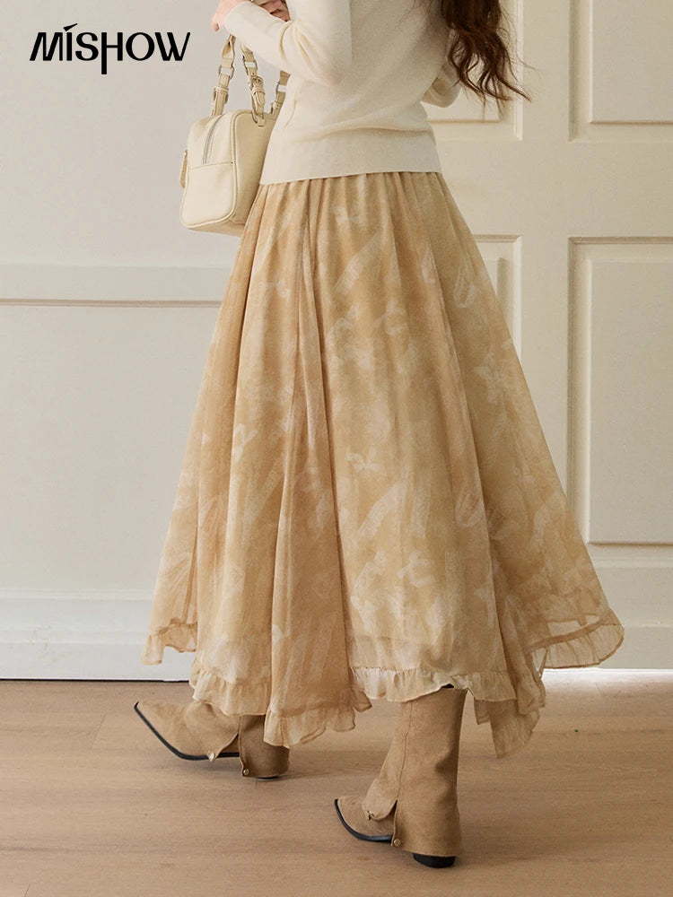 MISHOW Beige Chiffon Maxi Skirt Floral Print High Waist Ruffled Asymmetrical MXF11B2463