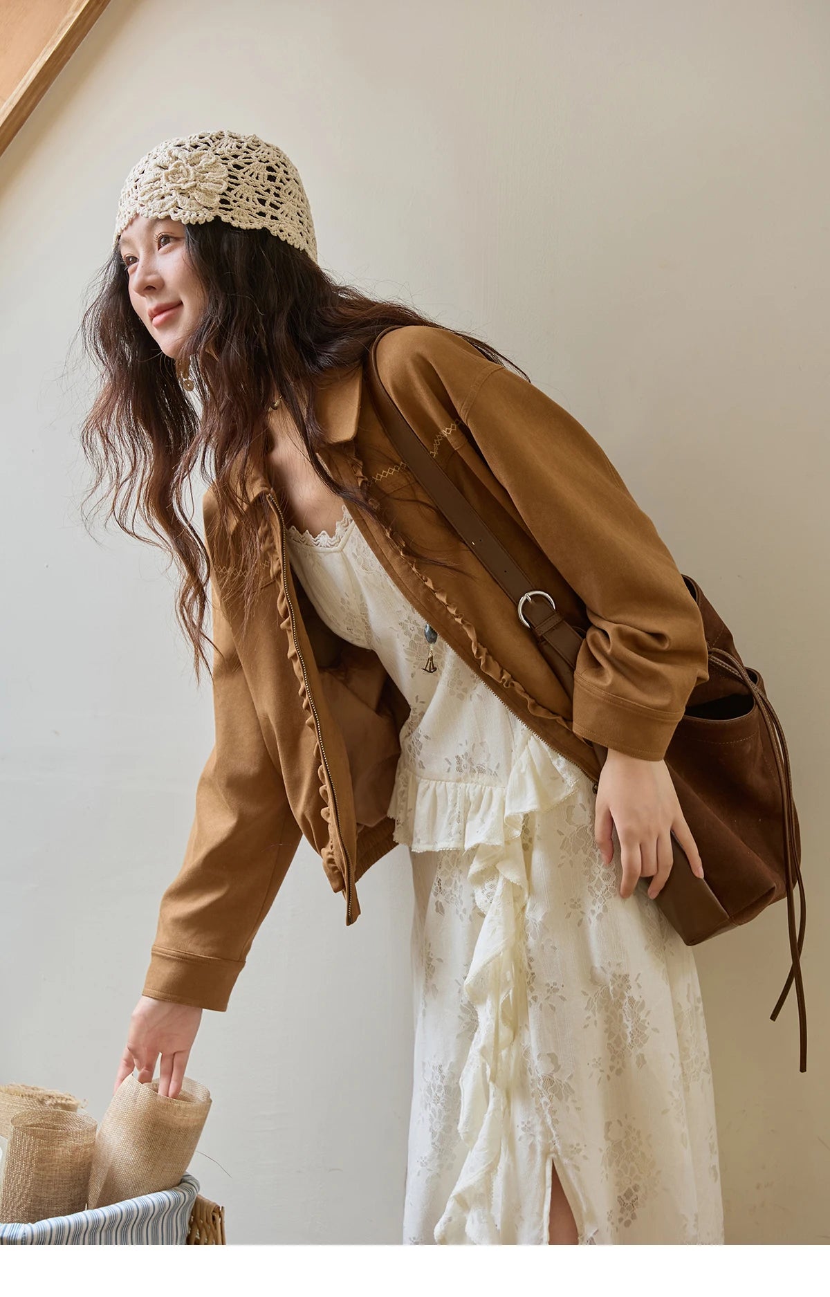 MISHOW Brown Suede Short Coat Fungus Edge Pleating Lapel Zipper MXE43W0803