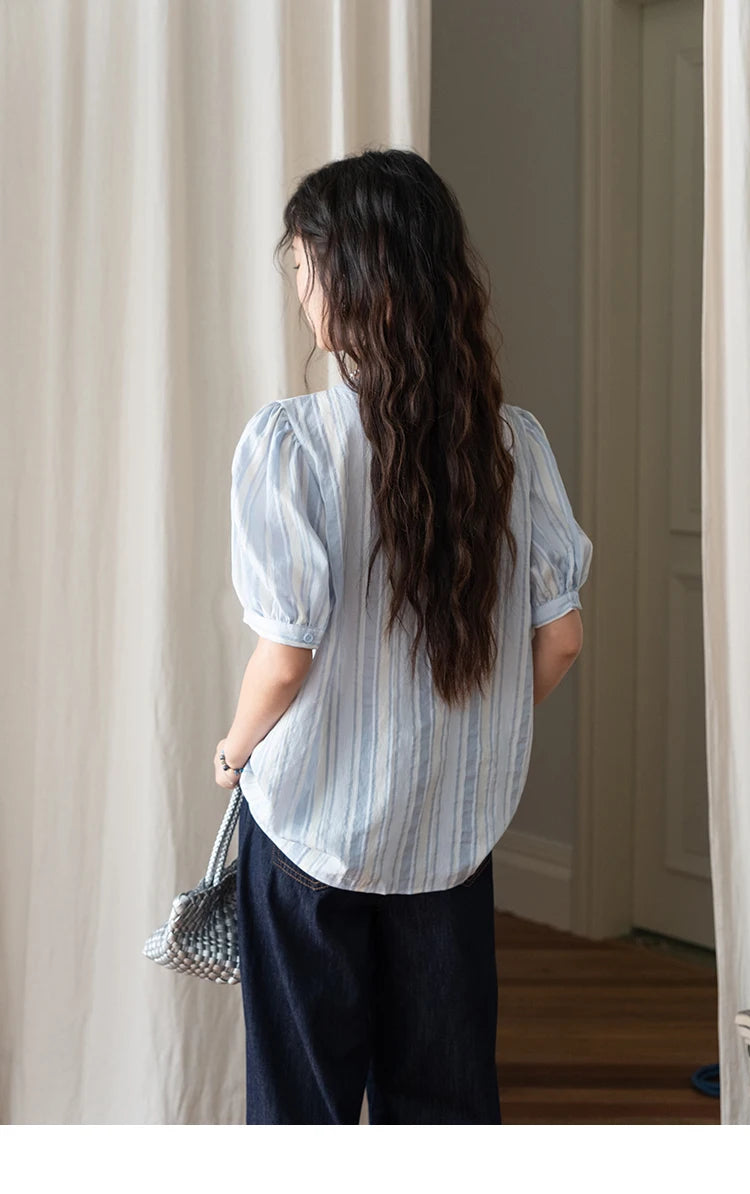 MISHOW Striped Puff Sleeve V-Neck Button Shirt MXE36X1870