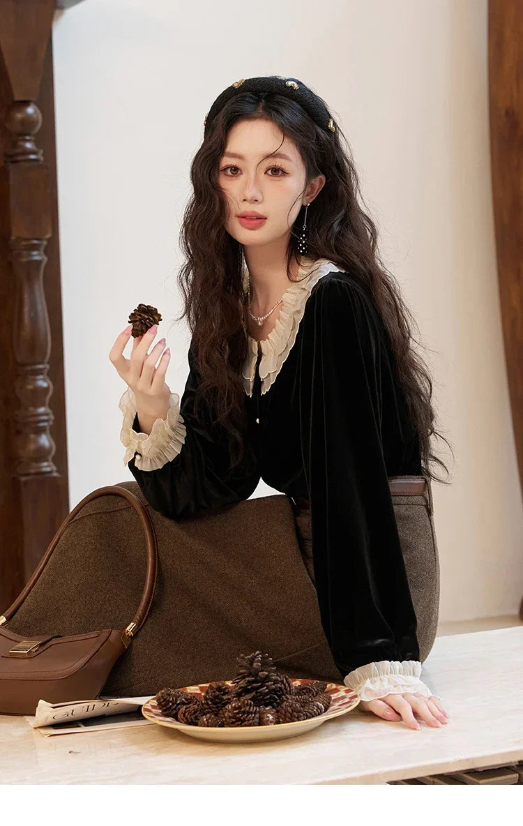 MISHOW French Retro Velvet Blouse Button Down O Neck MXC51X1323