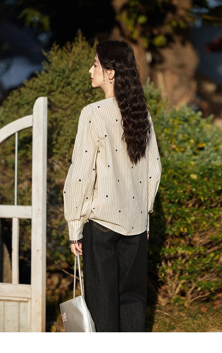 MISHOW Striped Bubble Sleeve Shirt Love Embroidered MXE12C0390