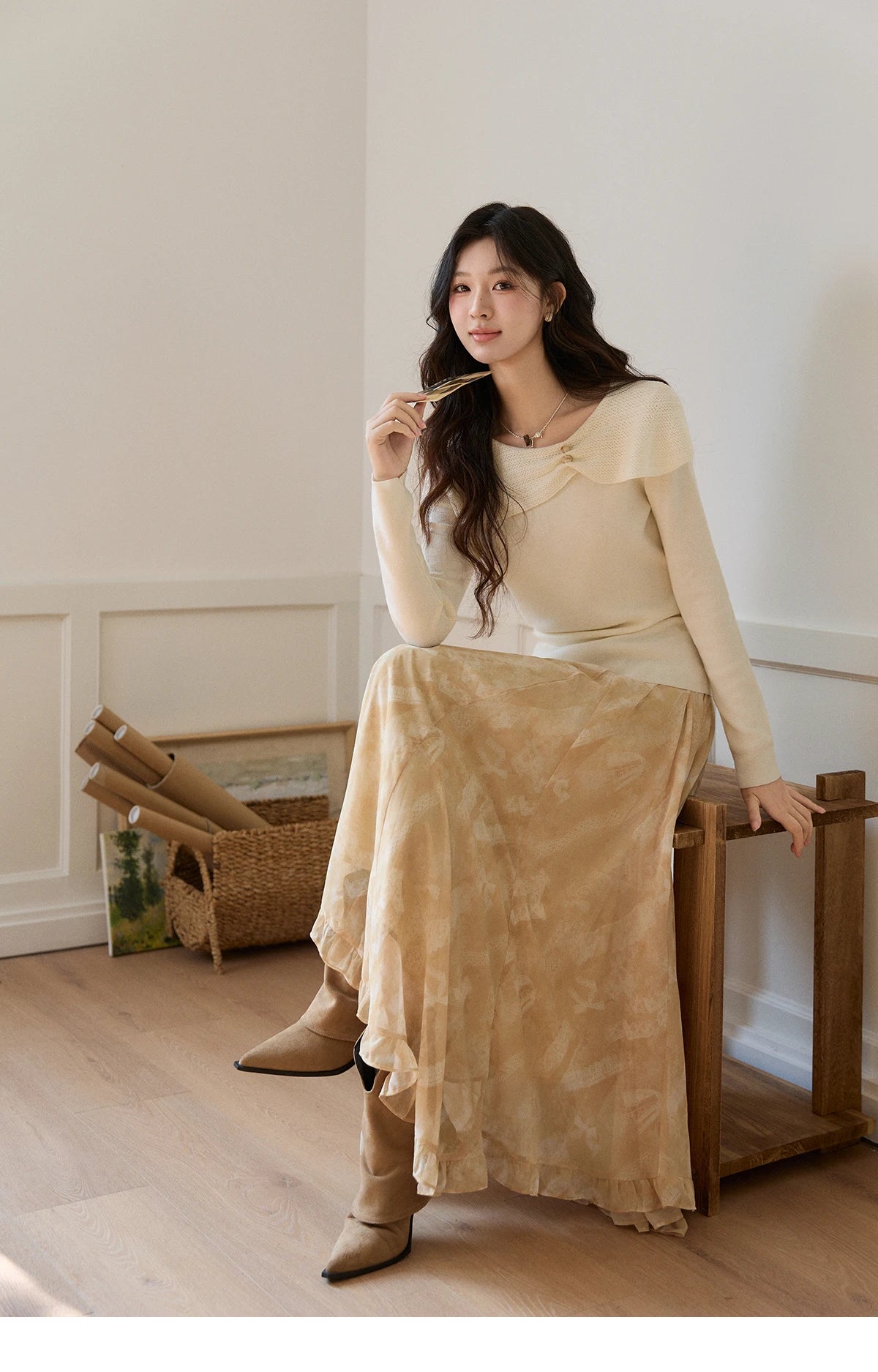 Mishow Beige Asymmetrical Collar Wool Sweater MXF11Z2918