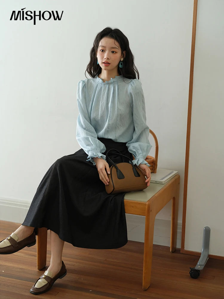 MISHOW Blue Jacquard Blouse Stand Collar Bubble Sleeves MXE41X1934