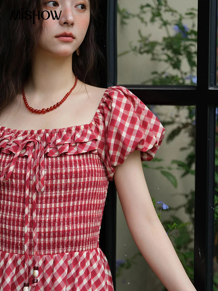 Mishow Retro Red Plaid Square Neck Lace Up Dress MXE39L2324