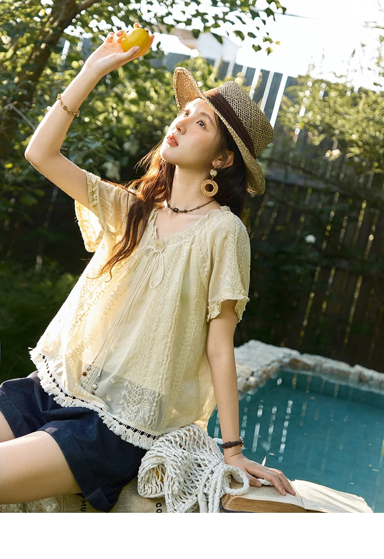 MISHOW Embroidered Jacquard Blouse O-Neck Lace Up MXE37X1861