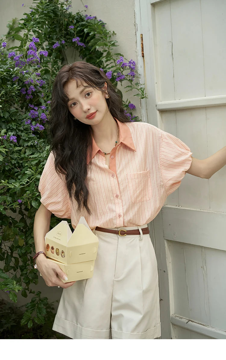 MISHOW Hong Kong Retro Pink Striped Shirt Bubble Sleeve Lapel MXD28C0250
