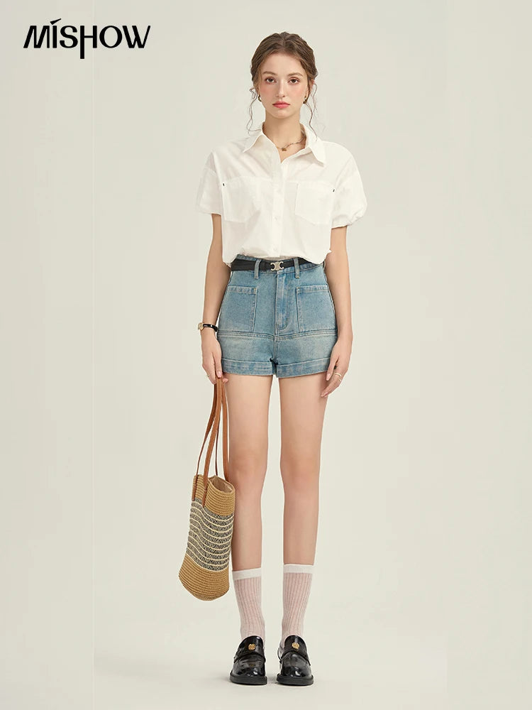 Mishow Denim Blue High Waist Straight Shorts MPD26K0618