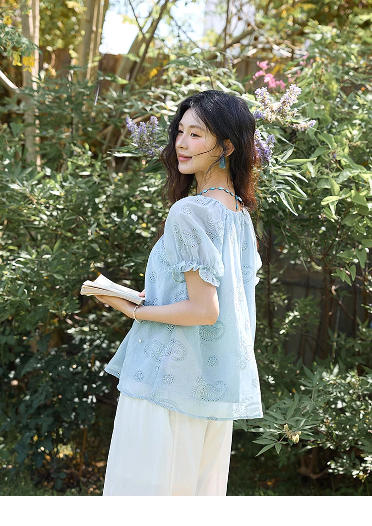 MISHOW Embroidered Flower Shirt Puff Sleeve Round Neck MXE39X1922