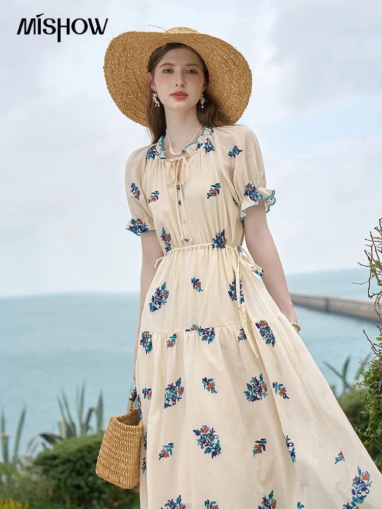 Mishow French Embroidered Flower Drawstring Dress MXD24L1835