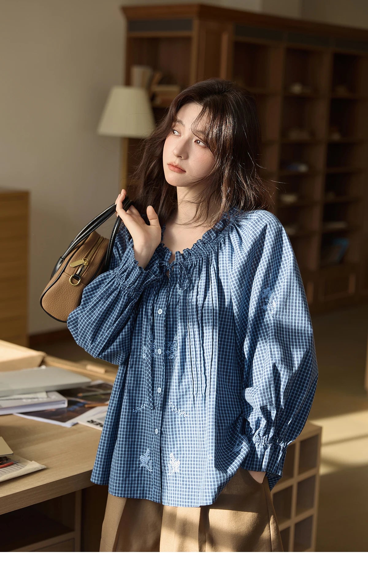 MISHOW Blue Plaid Embroidered Shirt Black Fungus Edge Collar MXE44X2467