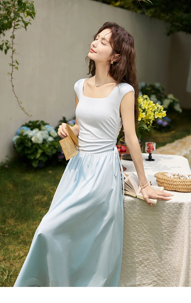 Mishow Square Neck Patchwork Side Drawstring Dress MXD23L1818