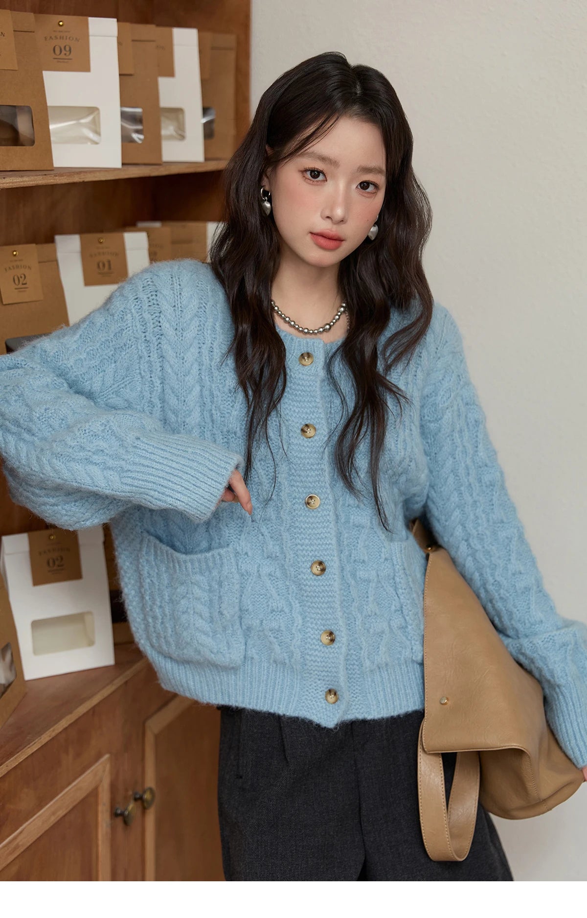 Mishow Light Blue Retro Crew Neck Pocket Cardigan MXE49Z2614