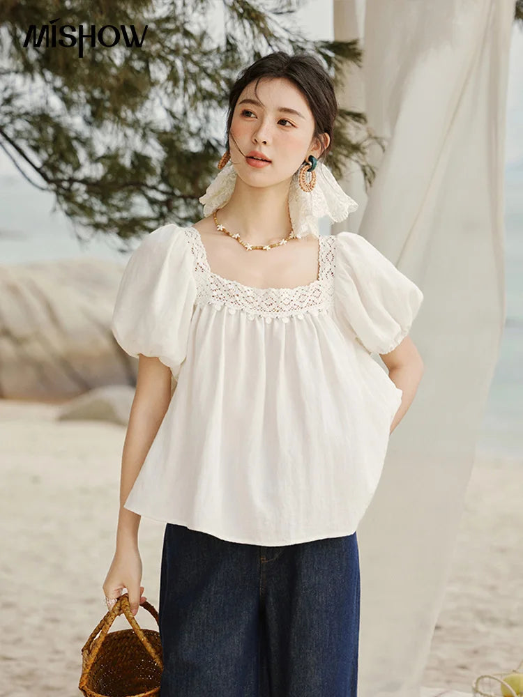 MISHOW Square Collar Puff Sleeve Blouse Lace Splicing MXE32X1780
