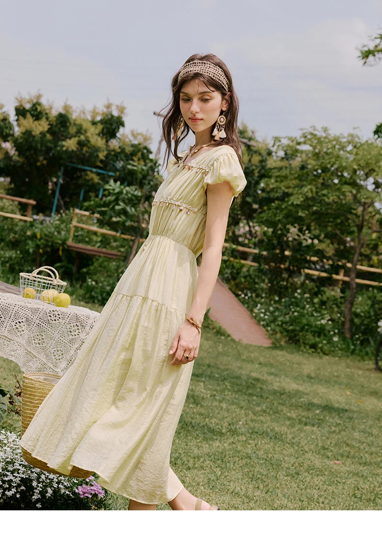 Mishow Solid V-Neck Puff Sleeve Shell Ribbon Dress MXE33L2193