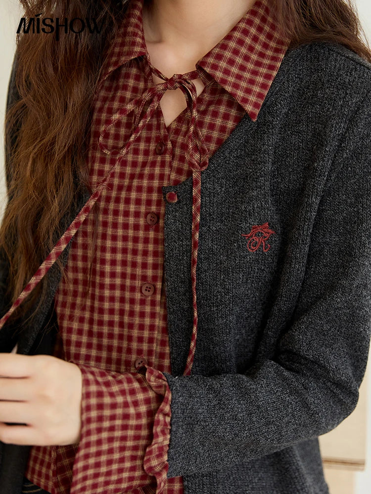 MISHOW Fake Two Knitted Sweater Plaid Splicing Flare Sleeve MXE45Z1401