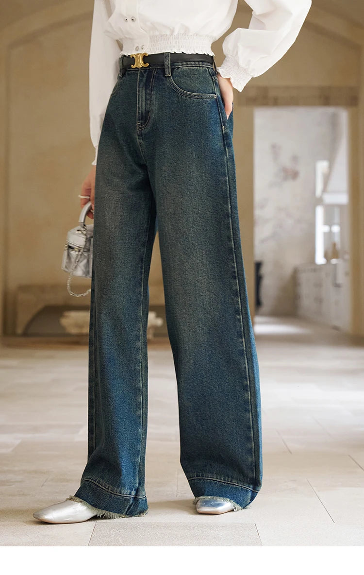 Mishow American Retro Wide Leg Jeans with Tassel Hem MXD12K0538