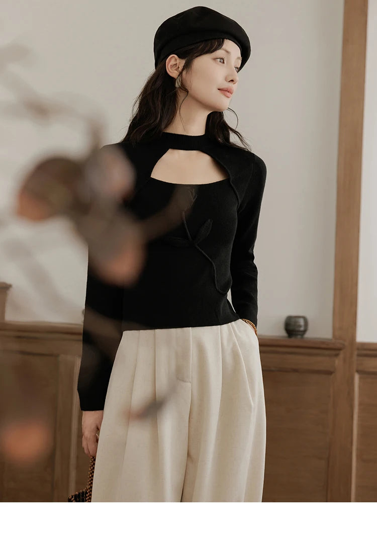 Mishow French Vintage Black Hollow Mock Neck Sweater MXD42Z0731
