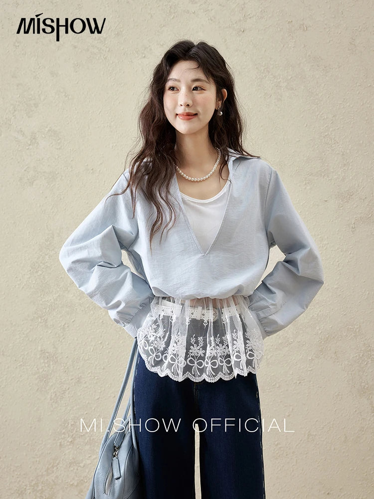 MISHOW French Fake Two-Piece Blouse Turn-Down Collar Lace Splicing MXE16C0783